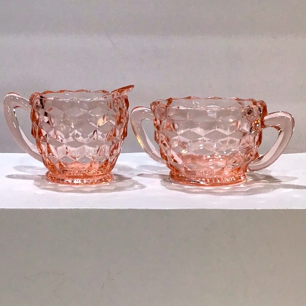Pink Depression Glass Jeannette Cubist Creamer & Sugar 1930’s